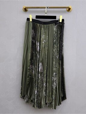 🚩steal Sacai Olive Green Pleated Midi Skirt with Black Waist Tie
